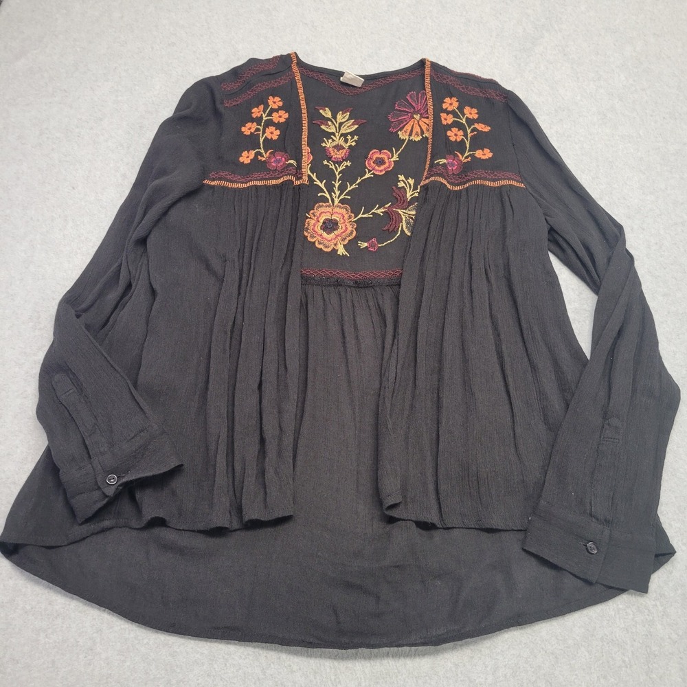 Wild Pearl Cardigan Topper Womens Small Black Embroidered Floral Top Fairy Boho